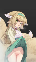Rule 34 | 1girl, animal ear fluff, animal ears, arknights, black background, blonde hair, breasts, breath, brown jacket, cleft of venus, clothes lift, commentary request, female focus, fox ears, fox girl, fox tail, gradient hair, green eyes, green hairband, green skirt, groin, hairband, highres, jacket, kitsune, lifting own clothes, long hair, long sleeves, looking at viewer, multicolored hair, multiple tails, no nose, no panties, parted lips, pussy, shirt, shizuku tsuki (2421424977), simple background, skirt, skirt lift, small breasts, solo, suzuran (arknights), suzuran (spring praise) (arknights), tail, uncensored, white shirt