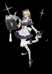 Rule 34 | 1girl, animal ears, black background, black footwear, blonde hair, blue eyes, book, commentary, diffraction spikes, fake animal ears, floating, floating book, floating object, highres, leg up, long hair, maid, maid headdress, multicolored eyes, one eye closed, open book, open mouth, original, purple eyes, scar, scar across eye, simple background, sketch, slit pupils, smile, smoke, solo, symbol-only commentary, tassel, teeth, thighhighs, tiptoes, tongue, white thighhighs, yeyuanqianqianqian