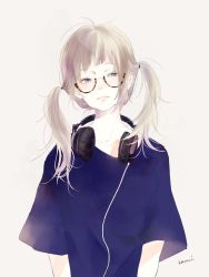 Rule 34 | 1girl, blonde hair, blue eyes, closed mouth, collarbone, glasses, head tilt, headphones, kana (kwbr), looking to the side, original, semi-rimless eyewear, shirt, signature, simple background, solo, t-shirt, twintails, upper body