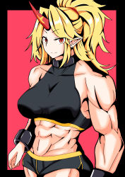 Rule 34 | 1girl, abs, absurdres, bike shorts, black background, black shorts, black sports bra, blonde hair, breasts, closed mouth, commentary request, cowboy shot, cuffs, fugaku (miko no miyatsuguchi), highres, horns, hoshiguma yuugi, large breasts, long hair, looking at viewer, midriff, muscular, muscular female, navel, pointy ears, ponytail, red background, red eyes, red horns, shorts, single horn, smile, solo, split mouth, sports bra, star (symbol), touhou, two-tone background