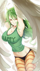 Rule 34 | 1girl, armpits, arms up, asutora, breasts, cleavage, clothes writing, hair between eyes, harpy, large breasts, long hair, looking at viewer, midriff, monet (one piece), monster girl, navel, one piece, orange eyes, simple background, smile, solo, white background, white wings, winged arms, wings