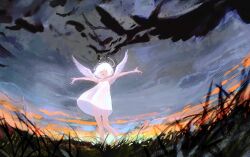 Rule 34 | 1girl, angel, angel wings, bare legs, bird, closed eyes, cloud, cloudy sky, crow, dress, from below, grass, halo, hidari (nanmu-left), highres, knees together feet apart, on grass, original, outdoors, outstretched arms, painterly, short hair, sky, spaghetti strap, white dress, white hair, wings