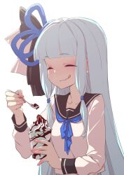 Rule 34 | 1girl, :q, alternate costume, backlighting, black ribbon, black sailor collar, blue hair, blue neckerchief, blue ribbon, blunt bangs, blush, commentary request, hair ribbon, happy, highres, holding, holding spoon, ice cream cup, ice cream spoon, kotonoha aoi, licking lips, long hair, long sleeves, low-tied sidelocks, mint chocolate, neckerchief, pink ribbon, ribbon, sailor collar, school uniform, serafuku, shirt, sidelocks, simple background, smile, solo, spoon, tongue, tongue out, upper body, voiceroid, wavy mouth, white background, white shirt, yamadori seika