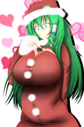 Rule 34 | 1girl, bad id, bad nicoseiga id, between breasts, blue eyes, breasts, christmas, faceless, faceless male, frog, giant, giantess, green hair, hair ornament, heart, highres, huge breasts, kochiya sanae, long hair, mini person, miniboy, neva, person between breasts, santa costume, size difference, touhou