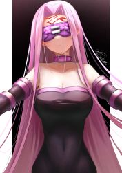 Rule 34 | 1girl, absurdres, aqui2002, bare shoulders, black dress, blindfold, breasts, cleavage, collar, covered navel, dress, elbow gloves, facial mark, fate/grand order, fate (series), forehead, forehead mark, gloves, highres, large breasts, long hair, medusa (fate), medusa (rider) (fate), pink hair, purple hair, solo, strapless, strapless dress, very long hair, visor