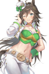 Rule 34 | 1girl, ahoge, animal ears, arm belt, blush, breasts, brown hair, choker, cleavage, collarbone, commentary request, contrapposto, cowboy shot, green eyes, green shirt, groin, hair between eyes, hair ornament, hairclip, hand on own hip, hand up, hat, highres, horse ears, horse girl, horse tail, jacket, long hair, long sleeves, looking at viewer, medium breasts, midriff, mini hat, mini top hat, mr. c.b. (umamusume), navel, one eye closed, oshage (osyage921), pants, parted lips, partial commentary, shirt, sidelocks, signature, simple background, single bare shoulder, single sleeve, smile, solo, standing, strapless, strapless shirt, sweat, tail, top hat, umamusume, white background, white pants, yellow choker