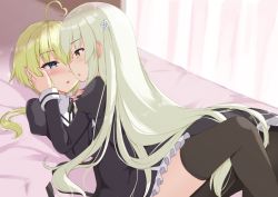 Rule 34 | 2girls, ahoge, amano soraha, assault lily, bed, black pantyhose, black ribbon, black skirt, black thighhighs, blonde hair, blue eyes, blurry, blurry background, blush, commentary request, cropped jacket, curtains, egawa kusumi, eye contact, face-to-face, fingernails, flower, frilled skirt, frills, girl on top, gungun (hakutou7887), hair between eyes, hair flower, hair ornament, hand on another&#039;s cheek, hand on another&#039;s face, hand on another&#039;s shoulder, hand up, heart, heart ahoge, high-waist skirt, highres, indoors, juliet sleeves, knee up, light particles, long hair, long sleeves, looking at another, low ponytail, lying, lying on person, miniskirt, multiple girls, neck ribbon, on back, on bed, pantyhose, parted lips, ponytail, profile, puffy sleeves, ribbon, school uniform, skirt, thighhighs, very long hair, white flower, white hair, yellow eyes, yuri, yurigaoka girls academy school uniform