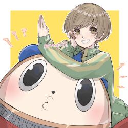 Rule 34 | 1boy, 1girl, arm rest, blush, border, brown hair, chako (p4amg1208), commentary, eyelashes, green jacket, hands up, highres, jacket, kuma (persona 4), leaning on person, long sleeves, looking at viewer, persona, persona 4, satonaka chie, short hair, swept bangs, teeth, track jacket, twitter username, upper body, white border, yellow background, zipper