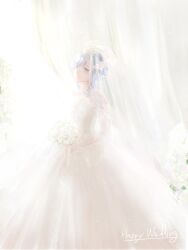 Rule 34 | 1girl, absurdres, arare999, blue eyes, blue hair, bouquet, closed mouth, curtains, dress, english text, feet out of frame, flower, from side, hair flower, hair ornament, highres, lace sleeves, light particles, long sleeves, looking at viewer, looking to the side, mahou sekai no uketsukejou ni naritai desu, nanalie persephone hel, see-through, sidelocks, smile, solo, standing, swept bangs, updo, veil, wedding, wedding dress, white background, white dress, white flower