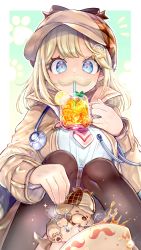 Rule 34 | 1girl, animal, black legwear, blonde hair, blue eyes, blush, breasts, commentary request, cup, deerstalker, detective, dog, drinking glass, drinking straw, facial hair, food, fork, from below, fruit, hair ornament, hat, highres, holding, holding cup, hololive, hololive english, kamiya zuzu, large breasts, lemon, lemon slice, long hair, long sleeves, looking at viewer, mustache, mustache print, necktie, noodles, shirt, sitting, smile, solo, stethoscope, virtual youtuber, watson amelia, watson amelia (1st costume)