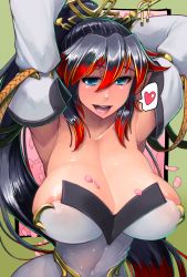 Rule 34 | 1girl, areola slip, armpits, arms behind back, black hair, blue eyes, breasts, cleavage, detached sleeves, dress, hair ornament, highres, huge breasts, long hair, misonou hirokichi, multicolored hair, namco, nanbu kaguya, open mouth, ponytail, project x zone, red hair, shiny skin, solo, strapless, strapless dress, super robot wars, super robot wars og saga mugen no frontier, super robot wars og saga mugen no frontier exceed, two-tone hair, very long hair