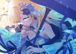 Rule 34 | 1girl, aizawa ema, blonde hair, blue eyes, blue hair, blue nails, blue umbrella, breasts, cat earrings, cleavage, closed mouth, detached collar, fingernails, flower, gradient hair, hair flaps, hair flower, hair ornament, haremoto, highres, holding, holding umbrella, japanese clothes, jewelry, kimono, long hair, looking at viewer, looking up, medium breasts, multicolored hair, nail polish, official alternate costume, smile, solo, swept bangs, umbrella, virtual youtuber, vspo!