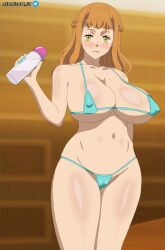 Rule 34 | 1girl, arm behind back, atomicart 24, bare legs, bare shoulders, bikini, black clover, blush, bottle, breasts, cleft of venus, collarbone, female focus, groin, highres, holding, holding bottle, large breasts, legs, looking at viewer, micro bikini, mimosa vermillion, navel, neck, nipples, nipples through clothes, no pants, orange hair, pussy, shiny skin, sidelocks, signature, solo, standing, strap, swimsuit, thigh gap, thighs, twitter username, wide hips, yellow eyes
