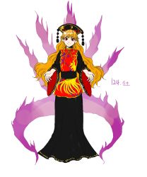 Rule 34 | 1girl, absurdres, aura, black dress, black headwear, chinese clothes, closed mouth, commentary request, crescent, derivative work, dress, energy, full body, highres, junko (touhou), korean commentary, kuya (hey36253625), legacy of lunatic kingdom, long hair, long sleeves, looking at viewer, multiple tails, orange hair, phoenix crown, pom pom (clothes), red eyes, red tabard, simple background, smile, tabard, tail, tassel, touhou, translation request, white background, wide sleeves