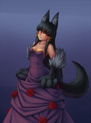 Rule 34 | 1girl, :t, animal ear fluff, animal ears, animal hands, anubis (monster girl encyclopedia), anubis (mythology), bare shoulders, black hair, blush, breasts, cleavage, dark-skinned female, dark skin, dog ears, dog tail, dress, egyptian, highres, long hair, medium breasts, monorus, monster girl, monster girl encyclopedia, pout, red eyes, solo, tail, very long hair