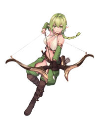 Rule 34 | 1girl, arrow (projectile), bare shoulders, belt, bikini, black gloves, boots, bow (weapon), braid, breasts, brown footwear, cleavage, closed mouth, crop top, crotchless, crotchless pants, detached sleeves, drawing bow, elf, floating hair, full body, gloves, green eyes, green hair, green pants, halterneck, halterneck, highres, holding, holding bow (weapon), holding weapon, knee boots, large breasts, leg belt, long hair, long sleeves, looking at viewer, midriff, navel, original, pants, pointy ears, rebutsu, revealing clothes, sidelocks, simple background, single braid, single glove, solo, stomach, swimsuit, weapon, white background, white bikini