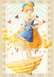 Rule 34 | 1girl, blonde hair, blue eyes, bow, dress, earrings, food, french flag, frills, fruit, hair bow, hand on own hip, high heels, highres, jewelry, juice, necklace, orange (fruit), orange juice, orangina, pearl necklace, piyotama, ribbon, shoes, short hair, solo, striped ribbon, transparent, transparent umbrella, umbrella