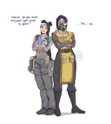 Rule 34 | 2girls, apex legends, arm tattoo, artist name, belt, black belt, black eyes, black footwear, blue gloves, boots, brown gloves, caustic (apex legends), caustic (apex legends) (cosplay), commentary, cosplay, crossed arms, detached sleeves, double bun, english commentary, full body, gas mask, gloves, goggles, green eyes, grey gloves, grey tank top, hair behind ear, hair bun, hazmat suit, head tilt, headband, highres, lifeline (apex legends), lifeline (apex legends) (cosplay), long hair, looking to the side, mask, mask around neck, mayopocket, multiple girls, own hands together, parted lips, power connection, sage (valorant), short hair, simple background, smile, tank top, tattoo, v-shaped eyebrows, valorant, viper (valorant), white background, white headband