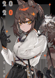 Rule 34 | 1girl, 2020, absurdres, animal ears, arknights, arms up, belt, black gloves, black skirt, breasts, brown hair, buttons, closed mouth, gloves, grey background, highres, holding, holding knife, knife, large breasts, long hair, looking at viewer, ponytail, raccoon ears, raccoon tail, robin (arknights), shirt, skirt, solo, sparkle, standing, strap, symbol-only commentary, tail, taowu (20809), upper body, white shirt, yellow eyes