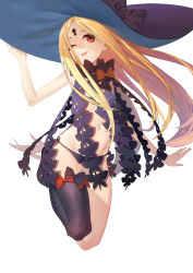 Rule 34 | 1girl, ;d, abigail williams (fate), abigail williams (second ascension) (fate), absurdres, black bow, black footwear, black hat, black panties, black thighhighs, blonde hair, bow, brown eyes, commentary request, fate/grand order, fate (series), full body, hat, hat bow, head tilt, highres, keyhole, long hair, looking at viewer, mary janes, muyi zi, navel, one eye closed, open mouth, orange bow, panties, parted bangs, revealing clothes, shoes, simple background, single thighhigh, smile, solo, teeth, thighhighs, topless, underwear, upper teeth only, very long hair, white background, witch hat