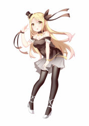 Rule 34 | 1girl, ankle lace-up, bare shoulders, black thighhighs, blonde hair, bow, breasts, brown bow, brown dress, brown eyes, brown hat, chihong de tianshi, cleavage, cross-laced footwear, dress, full body, gradient dress, grey dress, hair between eyes, hair bow, hat, high heels, long hair, medium breasts, mini hat, mini top hat, off-shoulder dress, off shoulder, original, personification, short sleeves, simple background, solo, thighhighs, top hat, very long hair, white background, white footwear