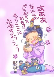 Rule 34 | 10s, 6+boys, ;), animal costume, baseball bat, baseball cap, baseball uniform, comic, cosplay, crying, dog costume, hat, holding, hood, hood down, hoodie, in palm, jumpsuit, long sleeves, looking at another, male focus, matsuno jyushimatsu, matsuno todomatsu, mini person, miniboy, momotarou, multiple boys, multiple persona, no shoes, object on head, on head, one eye closed, osomatsu-kun, osomatsu-san, osomatsu (series), pants, person on head, plaid, plaid shirt, riding, shirt, shorts, sitting, sitting on lap, sitting on person, sleeping, sleeves past wrists, smile, socks, sportswear, standing, surrounded, tears, tomiko, traffic cone, translation request, wariza, wiping tears