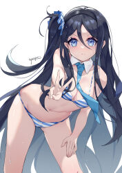 Rule 34 | 1girl, absurdly long hair, absurdres, aris (blue archive), artist name, bare arms, bare legs, bikini, black hair, black hairband, blue archive, blue bikini, blue eyes, blue necktie, bow, bow bikini, breasts, cleavage, detached collar, hair between eyes, hair ornament, hair scrunchie, hairband, highres, leaning forward, long hair, looking at viewer, medium breasts, navel, necktie, no halo, one side up, scrunchie, signature, simple background, standing, stomach, striped bikini, striped clothes, sweat, swimsuit, syusyuu, thighs, v, very long hair, white background, white bikini