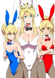 Rule 34 | 3girls, ahoge, animal ears, artoria pendragon (all), artoria pendragon (fate), artoria pendragon (lancer) (fate), blonde hair, blush, braid, breast envy, breasts, breasts apart, clearite, cleavage, colored eyelashes, crossed arms, crown, cuffs, detached collar, dual persona, fake animal ears, fate/apocrypha, fate/grand order, fate/stay night, fate (series), french braid, frown, gold trim, green eyes, hair between eyes, hair bun, hands on own hips, large breasts, legs together, leotard, long hair, mature female, mordred (fate), mordred (fate/apocrypha), mother and daughter, multiple girls, navel, pantyhose, playboy bunny, pony (animal), ponytail, rabbit ears, ribbed leotard, saber (fate), shaded face, sidelocks, simple background, single hair bun, standing, wavy mouth, white background