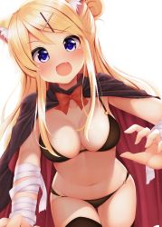 Rule 34 | 1girl, :d, animal ear fluff, animal ears, bandaged arm, bandaged leg, bandages, bikini, black bikini, black cape, black thighhighs, blonde hair, blue eyes, blush, bow, bowtie, breasts, cape, cat ears, claw pose, cleavage, collarbone, commentary request, cowboy shot, fang, hair bun, hair ornament, hairclip, halloween, highres, kin-iro mosaic, kujou karen, large breasts, long hair, looking at viewer, minato ojitan, multicolored cape, multicolored clothes, navel, o-ring, o-ring bottom, o-ring top, open mouth, outdoors, purple eyes, red bow, simple background, single hair bun, smile, solo, stomach, swimsuit, thighhighs, white background, x hair ornament