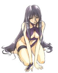 Rule 34 | 1girl, arm support, barefoot, black hair, breasts, casual one-piece swimsuit, cleavage, cleavage cutout, clothing cutout, fasalina, gunxsword, halterneck, highres, kimura takahiro, kneeling, large breasts, long hair, midriff, navel, one-piece swimsuit, sad, seiza, silver hair, sitting, solo, swimsuit, thigh strap, underboob