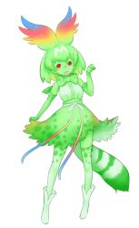 Rule 34 | 10s, 1girl, :d, animal ears, boots, bow, bowtie, cellval, colored skin, elbow gloves, full body, gloves, green hair, green skin, hand up, high-waist skirt, ise (0425), kemono friends, looking at viewer, open mouth, paw pose, red eyes, serval tail, short hair, simple background, skirt, smile, solo, standing, tail, thighhighs, white background