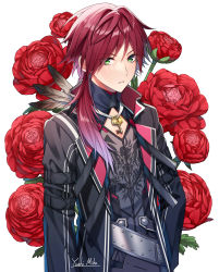 Rule 34 | 1boy, arm belt, black jacket, eyes visible through hair, feathers, flower, gradient hair, green eyes, hair behind ear, highres, jacket, jewelry, key, key necklace, lauren iroas, long hair, long sleeves, male focus, multicolored hair, necklace, nijisanji, open clothes, open jacket, ponytail, red hair, rose, signature, solo, virtual youtuber, white background, yuuhi mika