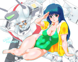 Rule 34 | 1girl, breasts, character name, choujikuu yousai macross, cleavage, full body, gintama danshaku, green one-piece swimsuit, hair between eyes, halftone, head tilt, highres, leaning to the side, lynn minmay, macross, macross: do you remember love?, mecha, one-piece swimsuit, outline, pocket, resolution mismatch, retro artstyle, robot, simple background, skin tight, source smaller, swimsuit, swimsuit under clothes, thighs, white background, wide hips