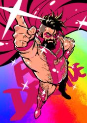 Rule 34 | 1boy, arm up, bara, beard, belly, blanket, boots, bulge peek, cape, eye mask, facial hair, floating cape, from above, full beard, full body, hairy, highres, index finger raised, isahappyfield, large pectorals, lgbt pride, looking at viewer, male focus, mature male, muscular, muscular male, nipple slip, nipples, original, pectorals, pink cape, plump, rainbow background, revealing clothes, short hair, sidepec, solo, sparkle background, standing, strongman waist, superhero costume, thick arm hair, thick back hair, thick beard, thick chest hair, thick eyebrows, thick leg hair, thick navel hair, thigh boots, undercut, v-shaped eyebrows, very hairy, yellow eyes