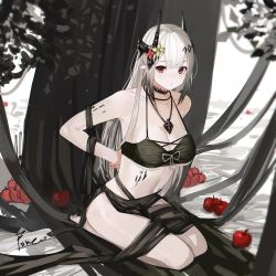 Rule 34 | 1girl, apple, arknights, armpit crease, arms behind back, bra, choker, closed mouth, commentary request, flower, food, from side, fruit, full body, hair flower, hair ornament, highres, horns, jewelry, long hair, looking at viewer, material growth, midriff, mudrock (arknights), necklace, on floor, oripathy lesion (arknights), pale skin, pointy ears, red eyes, red flower, ribbon, seiza, sidelocks, signature, sitting, solo, underwear, white hair, white ribbon, yellow flower, yougashi