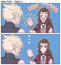 Rule 34 | ..., 1boy, 1girl, aerith gainsborough, blonde hair, blue background, bracelet, braid, brown hair, choker, cloud strife, curly hair, dress, english text, final fantasy, final fantasy vii, final fantasy vii remake, green eyes, hair ribbon, hand up, high five, highres, jacket, jewelry, kyou (ningiou), open mouth, pink dress, pink ribbon, red jacket, ribbon, ribbon choker, ringlets, sequential, sleeveless, sleeveless turtleneck, smile, spiked hair, square enix, suspenders, turtleneck