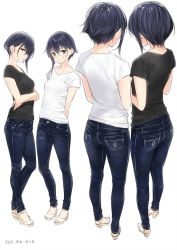 Rule 34 | 10s, 2girls, alternate costume, ama mitsuki, arms behind back, ass, asymmetrical hair, bare arms, black hair, black shirt, blush, breasts, brown eyes, buttons, casual, closed mouth, collarbone, commentary request, contemporary, crossed arms, dated, denim, facing away, fashion, flipped hair, from behind, full body, hair between eyes, head tilt, high heels, i-13 (kancolle), i-14 (kancolle), jeans, kantai collection, lips, looking at viewer, multiple girls, multiple views, no headwear, no socks, pants, pocket, profile, shirt, shoes, short hair with long locks, short sleeves, siblings, simple background, sisters, small breasts, standing, tight clothes, tight pants, toeless footwear, tsurime, white shirt