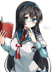 Rule 34 | 1girl, black hair, blue hairband, blue sailor collar, book, commentary request, epaulettes, glasses, green eyes, hairband, highres, hip vent, kantai collection, katsuobushi (eba games), layered sleeves, long hair, long sleeves, looking at viewer, necktie, ooyodo (kancolle), red necktie, sailor collar, sailor shirt, school uniform, semi-rimless eyewear, serafuku, shirt, short over long sleeves, short sleeves, simple background, solo, translation request, under-rim eyewear, upper body, white background, white shirt