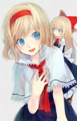 Rule 34 | 2girls, :d, :|, alice margatroid, ascot, belt, blonde hair, blue dress, blue eyes, blurry, blush, bow, brown footwear, capelet, carbonara hontyotyo, closed mouth, depth of field, doll, dress, expressionless, eye contact, frilled capelet, frilled sleeves, frills, full body, grey background, hair bow, hair ornament, hairband, hand on another&#039;s shoulder, hand on own chest, long hair, looking at another, looking to the side, multiple girls, neck ribbon, no lineart, open mouth, puffy short sleeves, puffy sleeves, red ascot, red belt, red bow, red hairband, red ribbon, ribbon, shanghai doll, shoelaces, shoes, short hair, short sleeves, simple background, size difference, smile, swept bangs, tareme, touhou, upper body, white bow, white capelet