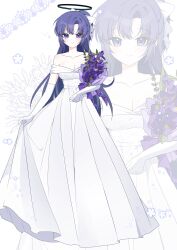 Rule 34 | 1girl, absurdres, black halo, blue archive, bouquet, commentary, dress, flower, gloves, halo, highres, holding, holding bouquet, mechanical halo, purple eyes, purple flower, purple hair, rose, seno (senohime), solo, strapless, strapless dress, wedding dress, white dress, white flower, white gloves, white rose, yuuka (blue archive)