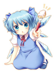 Rule 34 | 1girl, alternate hairstyle, bad id, bad pixiv id, blue dress, blue eyes, blue hair, blush, bow, cirno, dress, food, food on face, fork, hair bow, kneeling, matching hair/eyes, open mouth, outstretched hand, ribbon, sanotsuki, shirt, solo, touhou, twintails, wings