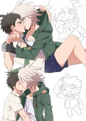 Rule 34 | 2boys, ahoge, anger vein, arm around shoulder, black shorts, brown hair, coat, collarbone, commentary request, couple, danganronpa (series), danganronpa 2: goodbye despair, eye contact, green coat, green jacket, green neckwear, grey hair, highres, hinata hajime, holding another&#039;s wrist, hood, hood down, hood grab, jacket, kiss, komaeda nagito, licking, looking at another, loose necktie, male focus, mechanical arms, multiple boys, multiple views, necktie, shaguo, shirt, short hair, shorts, simple background, single mechanical arm, smile, tongue, tongue out, white background, white shirt, yaoi