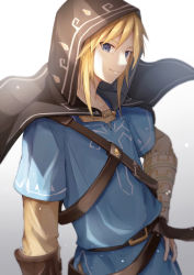 Rule 34 | 1boy, absurdres, arm at side, belt, belt buckle, blonde hair, blue eyes, blue shirt, brown belt, buckle, closed mouth, collarbone, commentary request, gloves, gradient background, grey background, hand on own hip, highres, hood, hood up, hylian set (zelda), layered sleeves, link, long sleeves, looking at viewer, male focus, nintendo, shirt, short over long sleeves, short sleeves, smile, solo, sword, tete tuyuten, the legend of zelda, the legend of zelda: breath of the wild, tunic, upper body, weapon, white background