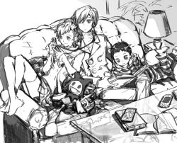 Rule 34 | 1girl, 2boys, atlus, bad id, book, casual, couch, crossed ankles, earphones, greyscale, handheld game console, jack frost (megami tensei), lovechro, monochrome, multiple boys, persona, persona 3, persona 3 portable, pharos, playstation portable, pyro jack, ron (lovechro), shared earphones, shiomi kotone, thighhighs, yuuki makoto (persona 3)