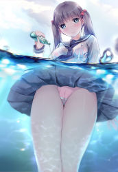 Rule 34 | 1girl, air bubble, black hair, blue eyes, blue skirt, blunt bangs, blurry, bottle, bow, bra, breasts, bubble, cameltoe, caustics, circle skirt, closed mouth, cloud, crying, crying with eyes open, day, depth of field, eyebrows, from below, hair bow, highres, hmniao, holding, holding bottle, light rays, long hair, long sleeves, looking at viewer, medium breasts, miniskirt, neckerchief, original, outdoors, panties, partially submerged, partially underwater shot, pink bra, pink panties, pleated skirt, pouring, ramune, red bow, school uniform, see-through, serafuku, skin tight, skirt, sky, solo, tears, thigh gap, thighs, twintails, underwear, water, wet