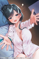 Rule 34 | 1girl, :d, black hair, blue eyes, breasts, cleavage, collared shirt, dress shirt, highres, indoors, large breasts, long hair, long sleeves, looking at viewer, lying, naked shirt, novel illustration, official art, on side, open mouth, original, outstretched arms, pillow, shirt, smile, solo, tomozero, white shirt