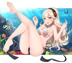 Rule 34 | 1girl, absurdres, artist name, ass, barefoot, bikini, black hairband, blush, breasts, bubble, clownfish, corrin (female) (fire emblem), corrin (fire emblem), feet, fire emblem, fire emblem cipher, fire emblem fates, fish, freediving, hair between eyes, hair ornament, hairband, hands up, highres, long hair, looking at viewer, navel, nintendo, pointy ears, red eyes, sarukaiwolf, shell, shell bikini, silver hair, simple background, small breasts, smile, soles, solo, swimsuit, underwater, water