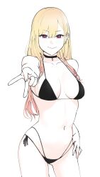 Rule 34 | 1girl, bare shoulders, bikini, black bikini, black choker, blonde hair, breasts, choker, cleavage, closed mouth, collarbone, commentary request, cowboy shot, gluteal fold, hair between eyes, hand on own hip, highres, kitagawa marin, light blush, long hair, looking at viewer, medium breasts, navel, outstretched hand, pale skin, red eyes, side-tie bikini bottom, smile, solo, sono bisque doll wa koi wo suru, stomach, string bikini, swimsuit, tantanmen72, thigh gap, v, white background
