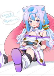 Rule 34 | 1boy, bare shoulders, bean bag chair, bike shorts, blue eyes, blue hair, blush, commentary request, controller, detached collar, game controller, hacka doll, hacka doll 3, highres, holding, holding controller, holding game controller, long hair, looking at viewer, male focus, notice lines, open mouth, reclining, shoes, sitting, smile, solo, speech bubble, translated, trap, v-shaped eyebrows, yashiro ryo