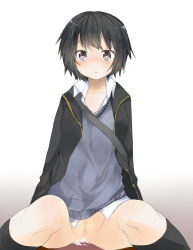 Rule 34 | 1girl, :o, aftersex, amagami, bad id, bad pixiv id, black eyes, black hair, black socks, blush, bottomless, commentary request, cum, cum in pussy, highres, kneehighs, looking at viewer, nanasaki ai, no panties, pun2, pussy, school uniform, short hair, simple background, sitting, socks, solo, spread legs, sweater, uncensored, white background